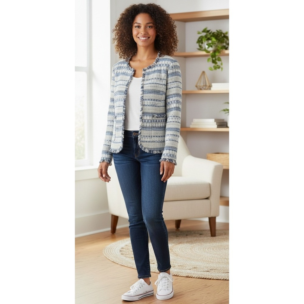 Anne Klein Open Front Cropped Jacket Women's 6 Harbor Blue White Combo Tweed NWT